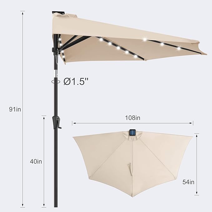FLAME&SHADE 9 FT Solar Half Patio Umbrella with 25 LED Lights, Half Outdoor Umbrella with Button Tilt, Half Round Table Umbrella For Deck, Backyard, Balconies, Decks, Rvs, UV Protection (Beige)