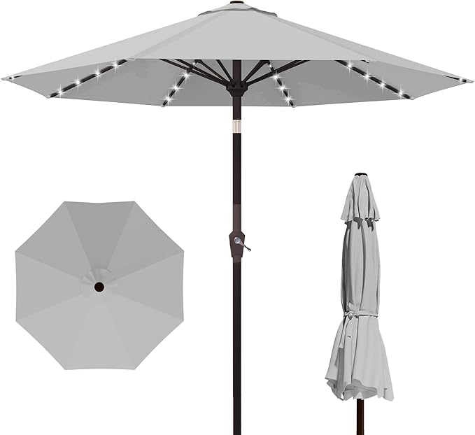 Kingdura 10FT Outdoor Patio Umbrella with Solar Lights, Market Table Umbrella with Push Button Tilt & Crank, 8 Sturdy Ribs, 32 LED Lights, UV Protection for Garden Lawn Deck Backyard Pool (Light grey)
