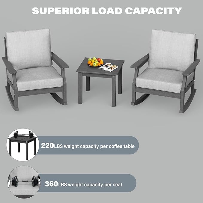 HDPE Patio Conversation Set, 3-Piece All Weather Outdoor Furniture Set with 2 Rocking Sofas for Deck, Lawn, with Cushion, Gray