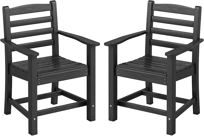 Tangkula Patio Dining Chairs Set of 2, HDPE All Weather Outdoor Chair w/Wide Armrests, Curved Seat, Wood Grain, Plastic Porch Chair for Backyard, Garden, Front Porch, Poolside (Black, 2 Chairs)