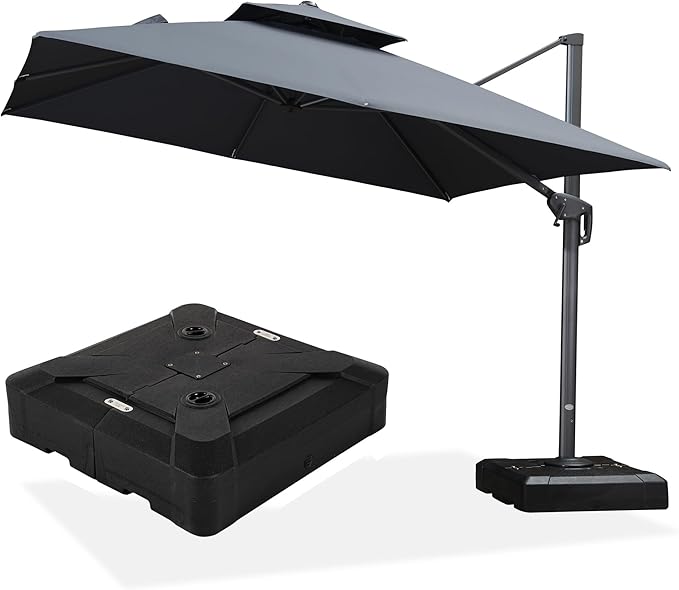 PURPLE LEAF Cantilever Patio Umbrella with Base 10FT Large Double Top Square Offset Outdoor Umbrella with 360°Rotation Hanging Tilting Umbrella Outdoor Grey