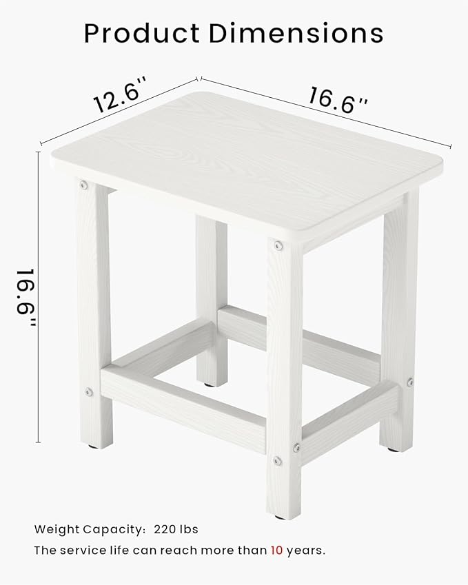 Set of 2 HDPE Outdoor Side Table, Weatherproof Small Outdoor Table for Adirondack, 16.6-Inch Patio Square End Tables for Garden, Backyard, Porch, Deck, Balcony, Poolside (White)