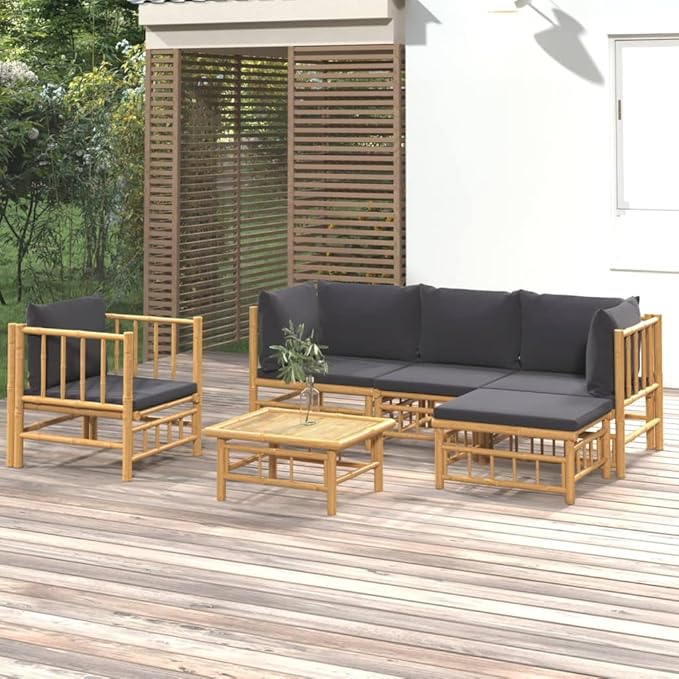 6 Piece Patio Lounge Set with Dark Gray Cushions, Outdoor Dining Sets Patio Conversation Set Porch Furniture Set Sectional Sofa for Negotiation Area Piazza Poolside Garden Bamboo