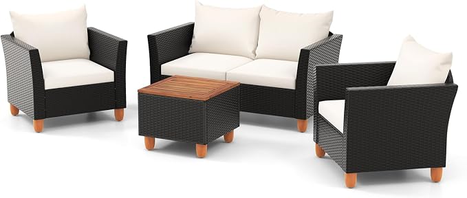 HAPPYGRILL 4 Pieces Wicker Patio Conversation Set, PE Rattan Chair & Ottoman Set with Removable Cushions, Storage Coffee Table, Outdoor Furniture Set for Garden Backyard Poolside (Off White)