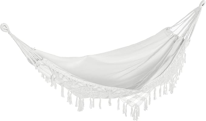 Boho Hammock Bed, Extra Large White Tree Hammock Hanging Bed with Macrame Tassel Fringe and Carrying Bag for Indoor Outdoor Backyard Patio Garden Relaxation