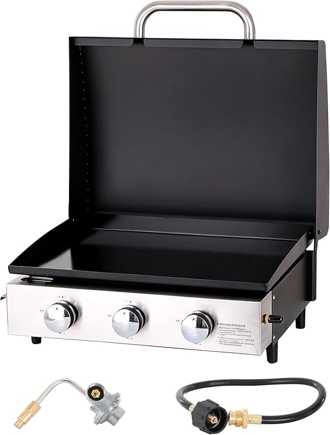 Sophia & William 22" Flat Top Grill with Lid & Ceramic Coated Cast Iron Pan, 3-Burner Portable Tabletop Gas Propane Griddle for Outdoor, BBQ, Camping & Tailgating Barbecue, 24,000 BTU