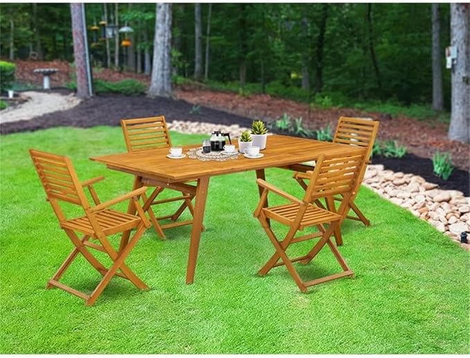 Pemberly Row Traditional 5-Piece Wood Patio Dining Set, Rectangular Table with Ladder Back Chairs, Rubber Wood Construction, Natural Oil Finish, Durable Outdoor Furniture for Backyard or Patio Use