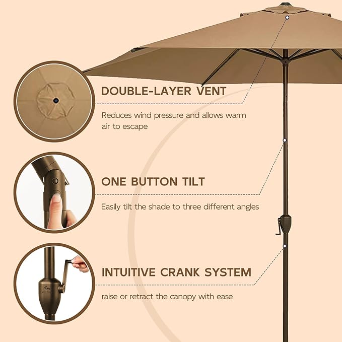 Abba Patio 11FT Outdoor Patio Umbrella Outdoor Table Umbrella with Crank Market Umbrella 6 Sturdy Ribs UV Protection Waterproof and Push Button Tilt for Garden Deck Backyard Pool,Tan