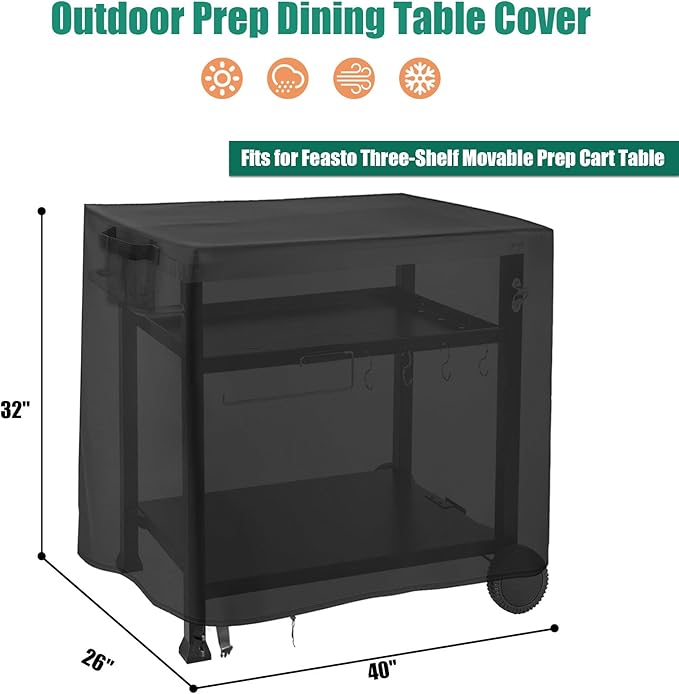 Outdoor Dining Cart Cover for Feasto Three-Shelf Movable Food Prep and Work Cart Table, Waterproof Outdoor Grill Cart Cover Pizza Oven Table Cover