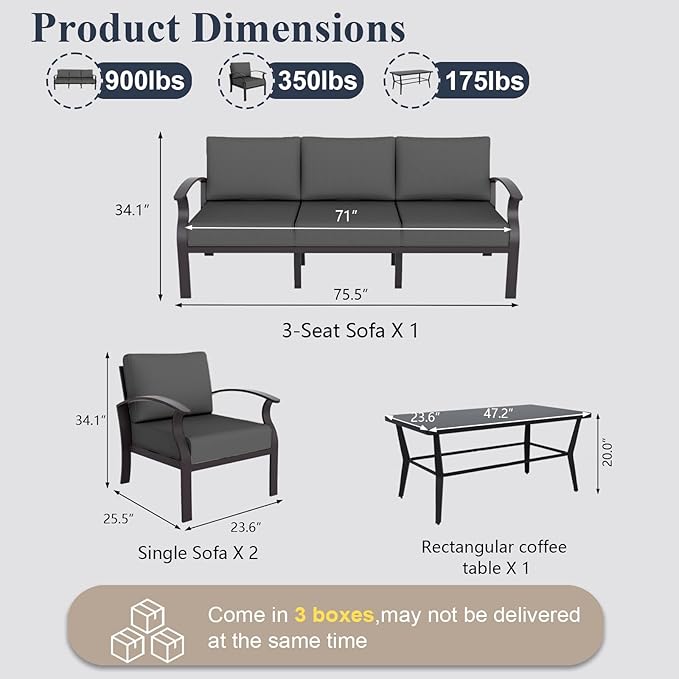 ALAULM Aluminum Patio Furniture Set with Coffee Table Rectangular，5-seat Outdoor Sectional Furniture w/Swivel Chairs，Patio Conversation Set for Porch, Backyard, Poolside-Black