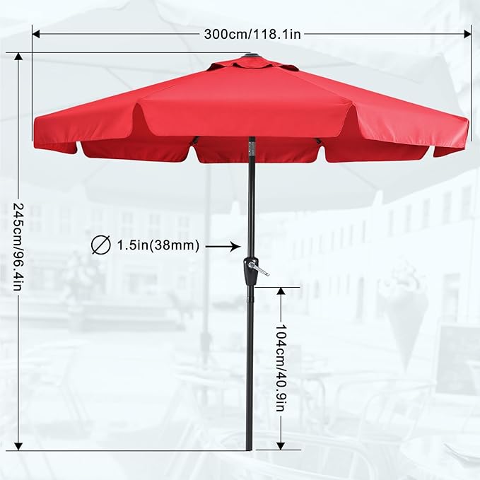 MASTERCANOPY 10ft Patio Umbrella with Valance, Crank and Tilt – 8 Ribs Outdoor Market Umbrella, UV/Fade Resistant, Waterproof Canopy with Wind Vent for Garden, Deck, Backyard, Pool (Red)