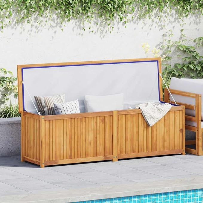 Garden Storage Box, Outdoor Crate for Patio Furniture, Pool Accessories, Yard Tools, Moisture-Proof and UV-Resistant, 68.9x19.7x21.7 in Solid Teak Wood
