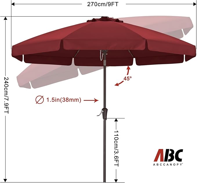 ABCCANOPY 9ft Scalloped Patio Umbrella, Outdoor Table Umbrella with Tilt and Crank, Fiberglass Ribs Deck Umbrella for Patio, Pool, Garden, Picnic (Burgundy)