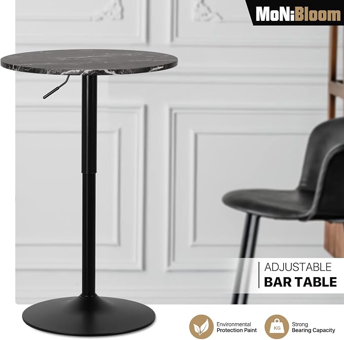 MoNiBloom Round High Top Table, 27.5"- 36" Height-Adjustable Bar Table with Black Marble Texture Top and Black Base, 360° Swivel Cocktail Bar Table Modern Style for Home Kitchen Balcony