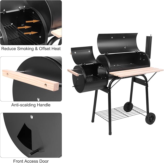 Karl home Charcoal Grill Offset Smoker, Charcoal Barbecue Grills with Spacious Cooking Area, Barrel BBQ Grill and Smokers Combo for Outdoor Balcony Picnics Party Camping