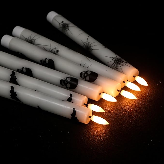 Eldnacele Flameless Taper Candles Flickering with Remote and Timer, Battery Operated LED Taper Candles Skull Bats Spider Decals Real Wax Halloween Indoor Decoration(6 Pack, 0.78 x 9.64 Inches)