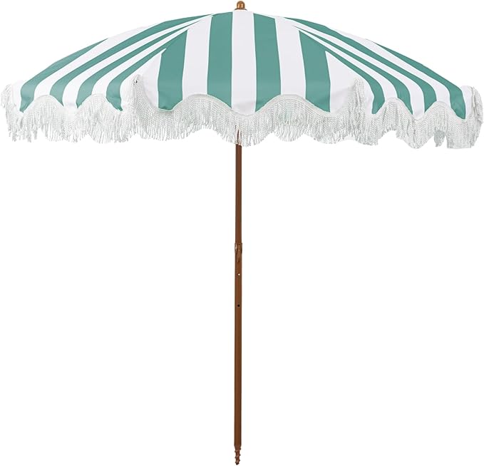 Rayjee 6.5FT Patio Umbrella with Fringe, Portable Boho Beach Umbrella, Tilt & Adjustable Height, 2-Piece Aluminum Pole for Pool, Garden, Deck & Beach