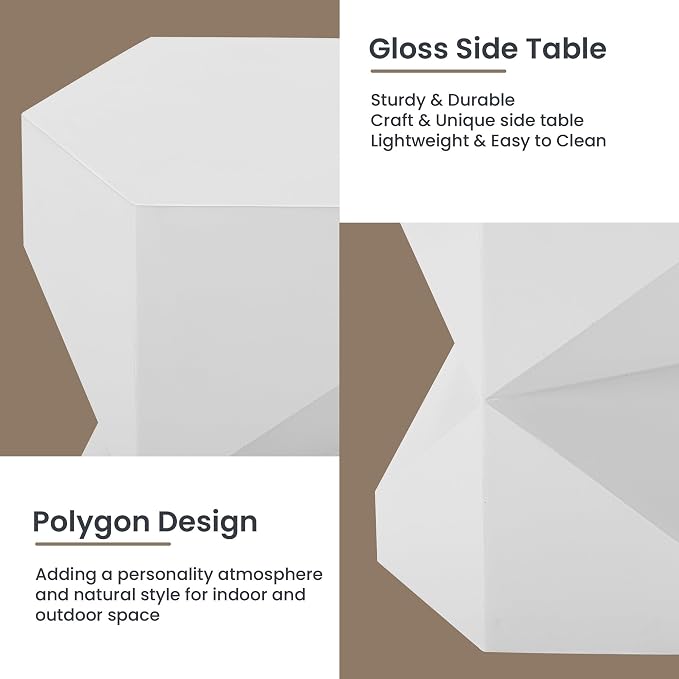 HOMPUS Outdoor Side Table Polygonal, Concrete End Table Hexagonal w Gloss Finish, Patio Accent Table Modern Design Home Decor, MgO Coffee Table for Living Room, Garden, Backyard, White