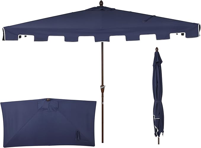 JONATHAN Y Sidney Coastal 9 ft. Navy Half Umbrella for Outdoor Patio, Space-Saving Rectangular Wall Sun Shade with Crank Lift, UV Protection for Balcony, Deck, Dark Brown Pole UMB1200C