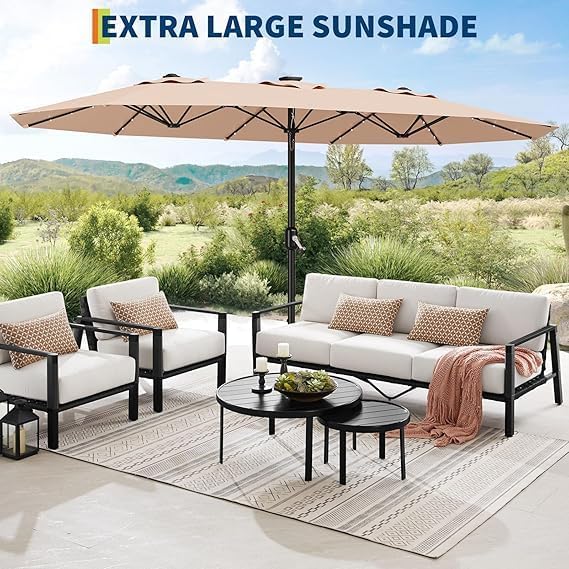 TrailBlaze 15FT Patio Umbrella With Base and Solar Lights, Outdoor Large Patio Double-Sided Market Umbrella With Crank Handle, UV Protection, for Lawn Deck Backyard Pool