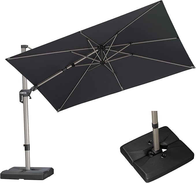 PURPLE LEAF 10' X 6.5' Left-right Tilting Patio Umbrella with Base Outdoor Swivel Cantilever Offset Aluminum Umbrella with Champagne Frame and 360-degree Rotation for Garden Deck Pool, Grey