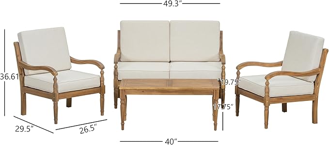 4-Piece Patio Conversation Set, All Weather Outdoor Acacia Wood Sofa Seating Group with 2 Chairs, Loveseat, Coffee Table, 4.72 inch Thick Cushions