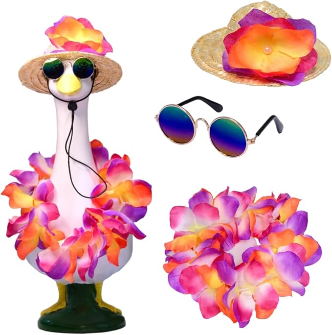 Porch Goose Outfits for 17-23" Lawn Decor - Hawaiian Summer Outfit Set with Straw Hat, Lei & Sunglasse