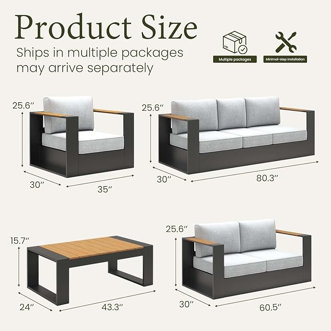 LayinSun 5 Pieces Aluminum Patio Furniture Set with Coffee Table, Oversized Outdoor Conversation Set 7 Seats with 6" Thick Cushions for Outside Porch, Balcony, Deck