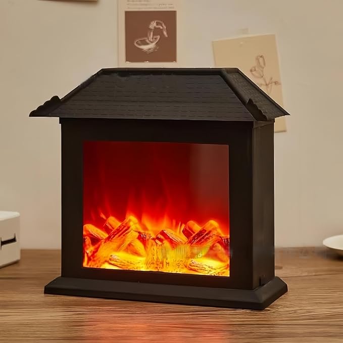 Simulated LED Fireplace Lantern USB & Battery Powered Flameless Light with Simulation Flame Table Decorative Lamp Mini Fireplace Ornament for Cozy Home Decor Free Standing Electric Log Burner