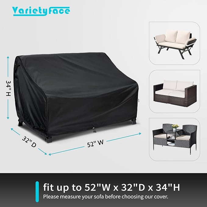 Waterproof Outdoor Loveseat Cover 52×32×34 Inch - 420D Oxford Fabric, All-Weather Patio Sofa Protector with Way Air Vents & Windproof Straps, Sunproof Black