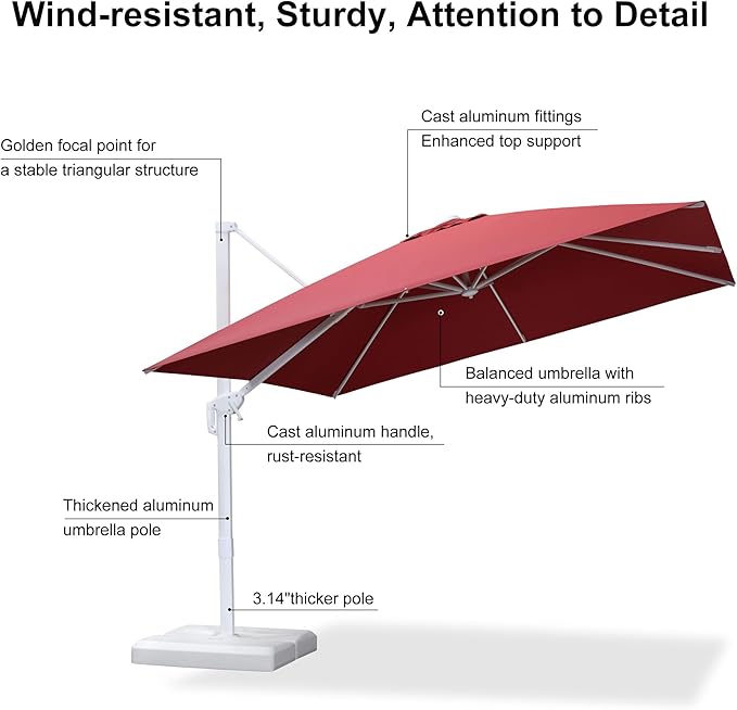 PURPLE LEAF 10 FT Patio Umbrella White Cantilever Umbrella Aluminum Square Outdoor Offset Umbrella Hanging Windproof with 360° Rotation for Garden Deck Pool, Red
