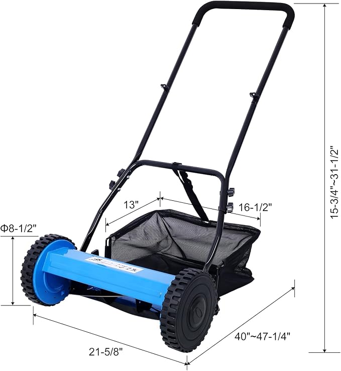Lawn Mower 16-Inch 5-Blade Reel Mower Push Reel Lawn Mower with Grass Catcher (Blue)