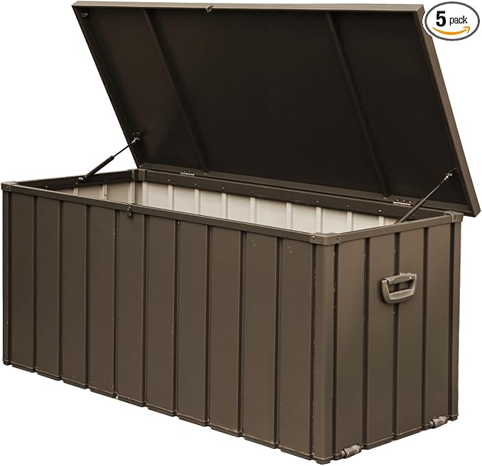 100 Gallon Outdoor Storage Box, Waterproof Steel Deck Box, Large Patio Storage Bin for Outside Cushions, Throw Pillows, Garden Tools, Lockable Storage Container, Dark Brown