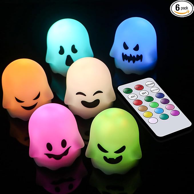 Ghost Halloween Decorations Flameless Candles with Remote Timer, 6 Pack Grimace Ghost Candles Tea Lights Battery Operated LED 12 Color Changing Candles for Halloween Decor