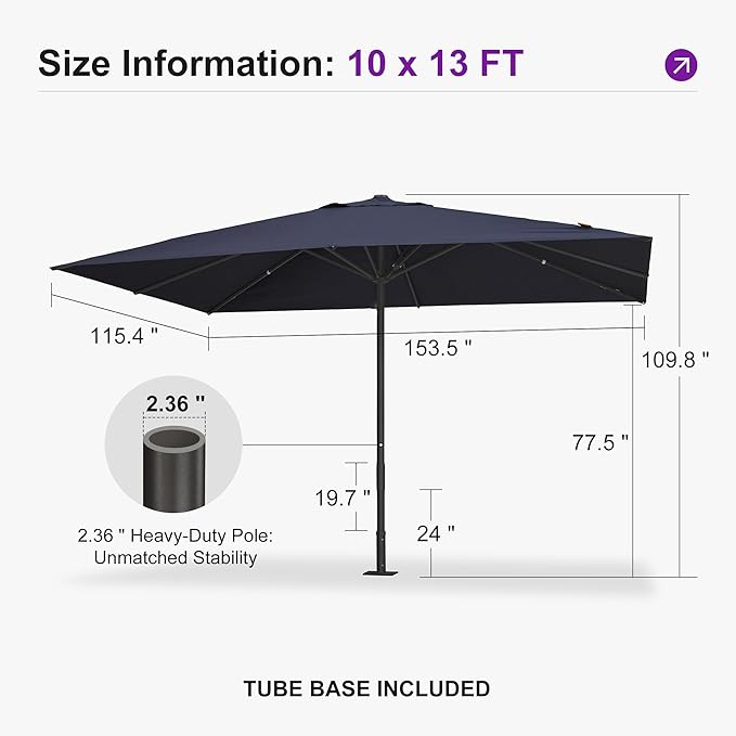 PURPLE LEAF 10' x 13' Rectangular Semi-Auto Outdoor Patio Umbrella Aluminium Market Umbrella Table Sun Umbrella with 2.36" Rod and 8 Sturdy Ribs for Deck Lawn Pool Garden, Navy Blue