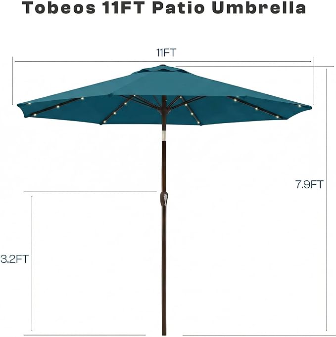 11FT Solar Lighted Patio Umbrella, Outdoor Table Market Umbrellas with Crank Lift, 32 LED Lights, 8 Sturdy Ribs, UV-Resistant for Deck, Garden, Pool