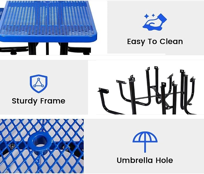 72" Rectangular Metal Picnic Table for 4-8 Person, Durable Heavy Duty Commercial Picnic Table up to 2800 lbs for Outdoor Coffee Shop, School, Hospital, Easy to Install, Blue