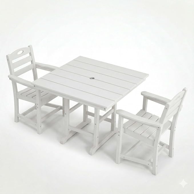 WILLIAMSPACE 37.8" Outdoor Patio Dining Set with 2 Armchairs, All Weather HDPE Square Dining Table with Umbrella Hole, Patio 3-Piece Bistro Set for Backyard, Balcony, Lawn, Kitchen (White)
