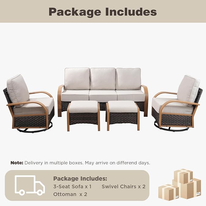 Belord 5 Piece Outdoor Patio Furniture Set with 6-Inch Thick Cushions, Outdoor Swivel Rocker Chairs with Patio Couch and Ottomans, 3 Seater Wicker Sofa for Deck Proch Balcony Yard, Wood & Beige