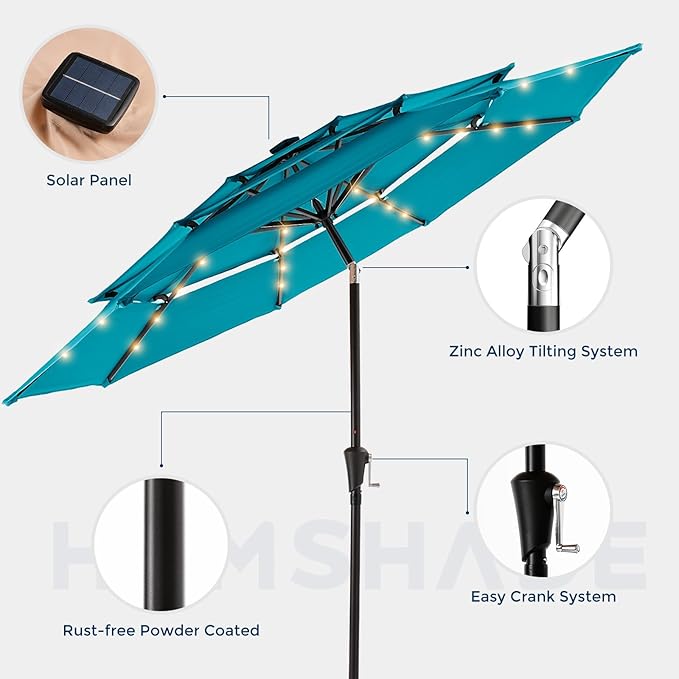 HOMSHADE 9FT 3-Tier Solar Patio Umbrella,Vented Market Table Umbrella Windproof w/32 LED Lights, UPF50+, 5-Year Fade Resistant, 8 Thicker Ribs for Pool, Lawn, Garden, Deck (Light Blue)