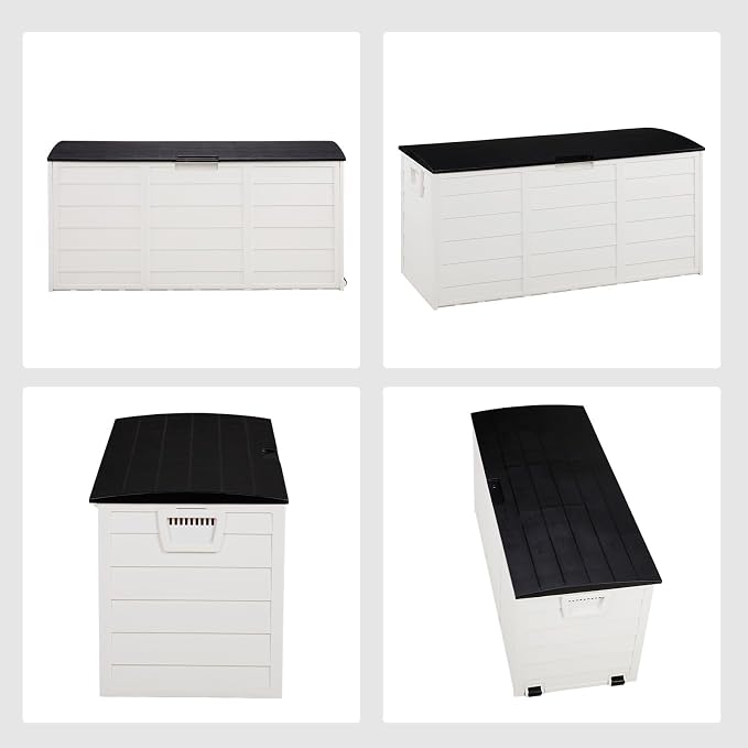 75-Gallon Outdoor Storage Bench with Wheels, Heavy-Duty Waterproof Deck Box for Patio, Garden, and Pool Organization (Black lid + white box)