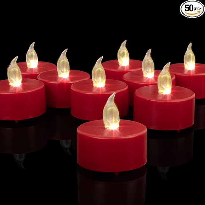 Nancia LED Tea Lights Candles- 50PACK Red Flameless Candles Realistic and Bright Flickering Long Lasting 200Hours for Holiday Celebration,Home Decoration