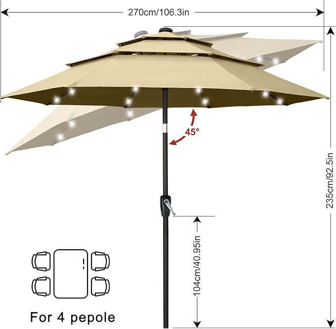 ABCCANOPY 3-Tiers 9FT Solar Patio Umbrella, Outdoor Umbrella with 32 LED Lights for for Pool, Garden, Backyard (Soft Khaki)