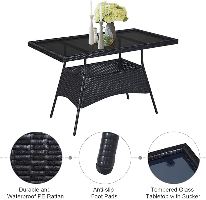10 Pieces Patio Wicker Dining Set Outdoor Furniture, Outdoor Rattan Table and Chairs with Tempered Glass Table-top & Padded Cushions, Patio Furniture Sets for Backyard, Balcony (Black)