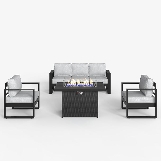 LayinSun 4 Pieces Aluminum Outdoor Patio Furniture Set, Metal Modern Conversation Sofa Set with Fire Pit Table and Washable Thick Cushions for Porch, Backyard, Deck