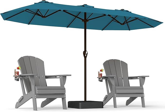 PatioKingdom 15FT Large Patio Umbrella with Base, Double Sided Rectangular Outdoor Umbrella with Sturdy Fiberglass Ribs, Market Umbrella for Pool,Garden,Backyard,Deck (Lake Blue, 15FT)