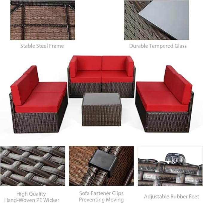 U-MAX 7 Piece Outdoor Patio Furniture Set with Extra 30 Inch Fire Pit Table, PE Rattan Wicker Sofa Set, Outdoor Sectional Furniture Chair Set with Cushions and Tea Table, Brown Rattan&Red Cushion