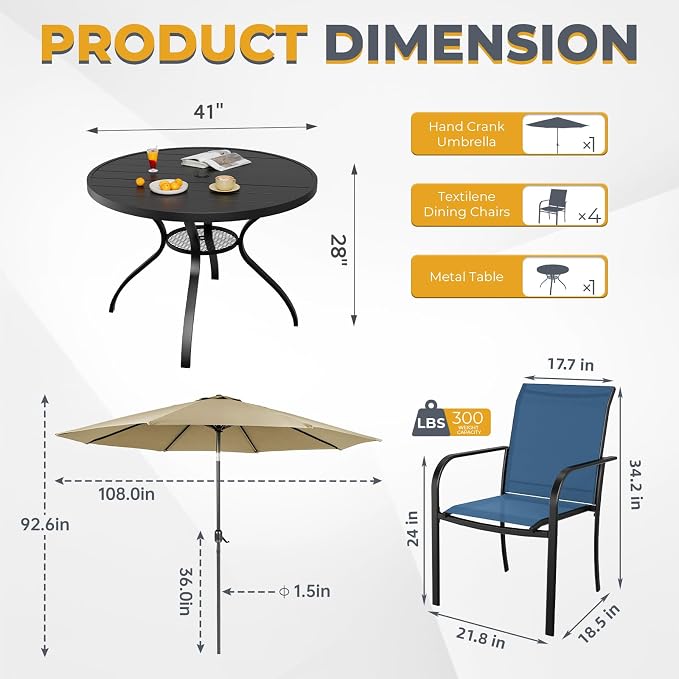 5-Piece Patio Dining Set with Umbrella,4 Person Outdoor Table and Chairs Set, 4 Metal Dining Chairs and Round Outdoor Table with 1.57" Umbrella Hole,Blue