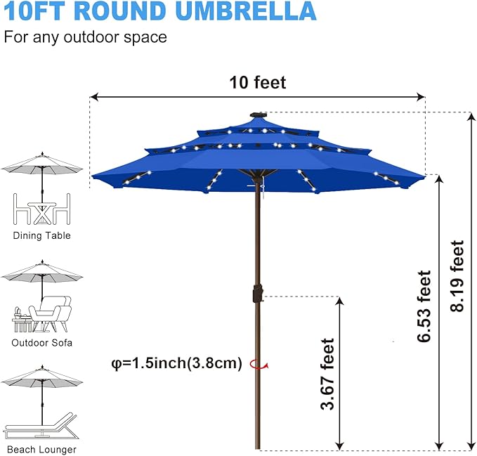 Eurmax USA 10-Year-Non-Fading 10FT 3-Tier Outdoor Patio Market Umbrella with LED Lights,UPF50+ UV Resistant,Commercial Grade,Crank Lift Design,Windproof Vented Top for Garden,Pool,Deck,Pacific Blue