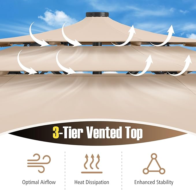 Tangkula 10 FT Solar LED Patio Umbrella, 3-Tier Vented Outdoor Market Table Umbrella with 32 LED Lights, Tilt Adjustment, Crank Handle, 8 Ribs for Backyard Pool Deck (Beige)